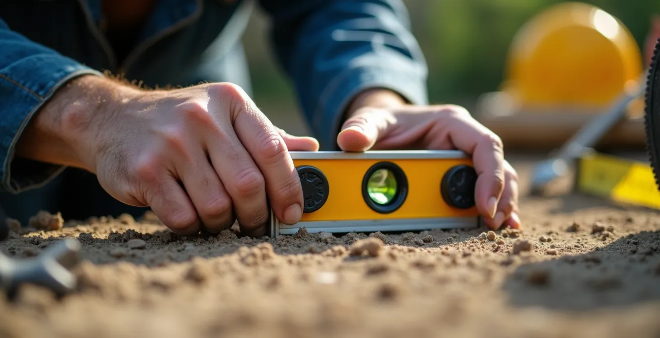 Gros plan sur les mains d'un installateur vérifiant le niveau du sol avec un outil de mesure