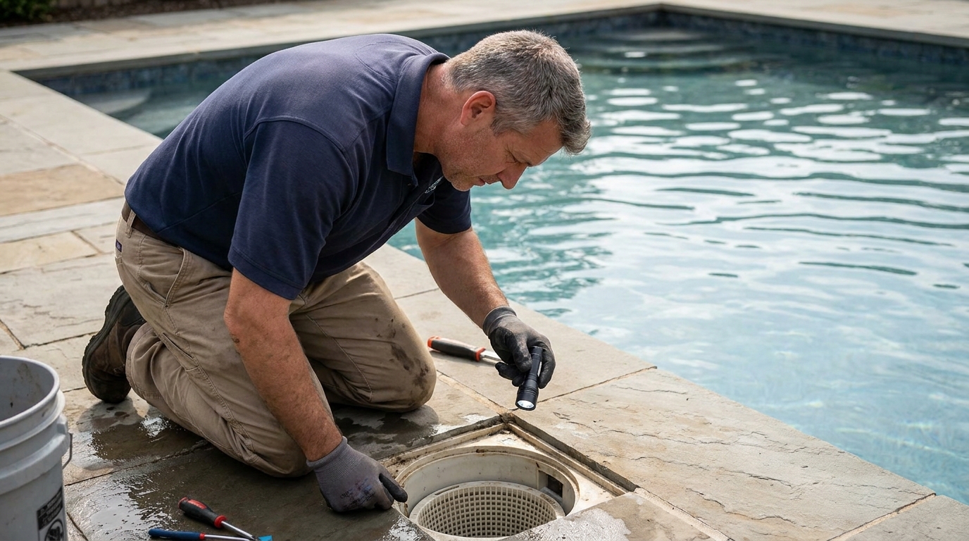 Spécialiste piscine inspectant un skimmer avec une lampe, examinant les points de connexion pour détecter une fuite potentielle.