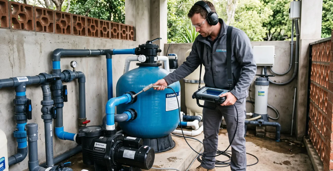 Technicien détection de fuites utilisant un équipement acoustique professionnel pour scanner les connexions du système de filtration.