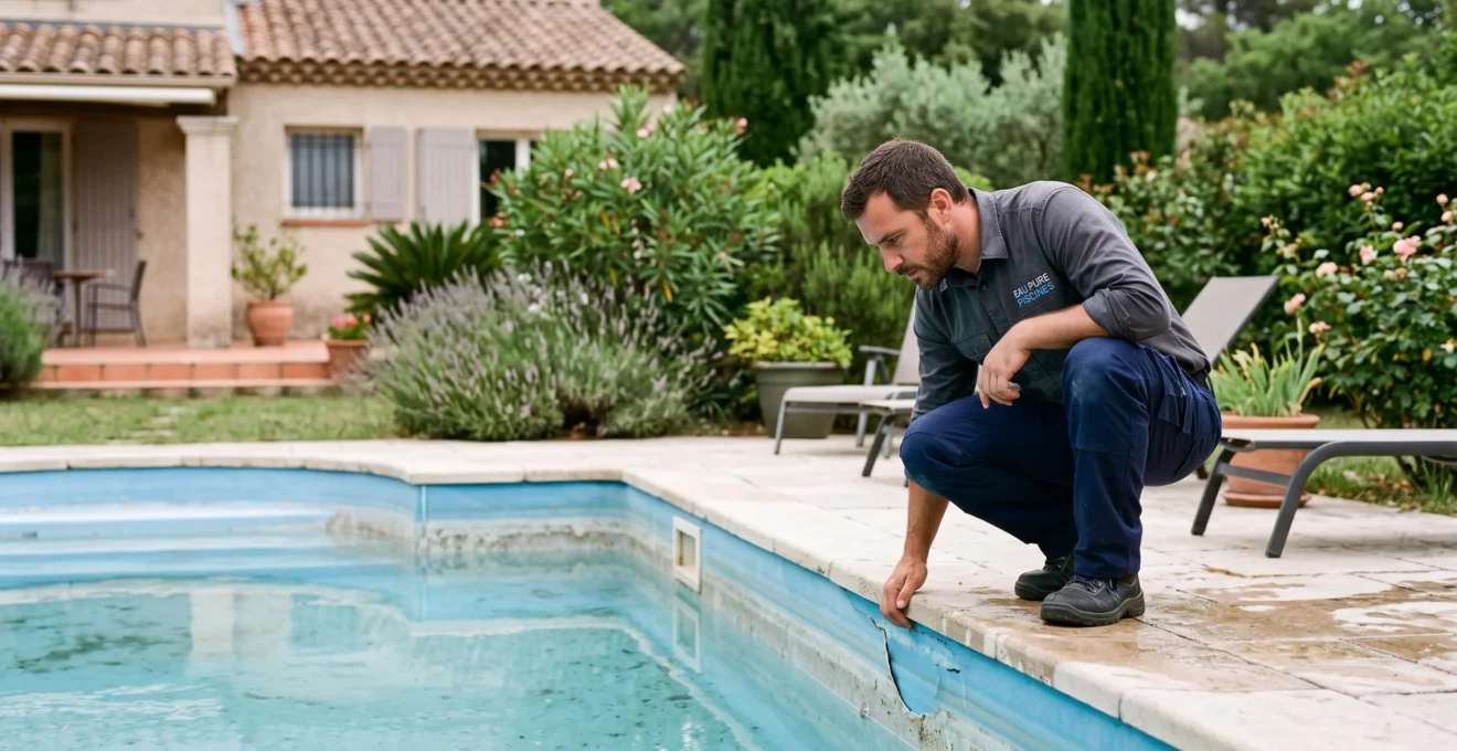 Technicien professionnel inspectant une piscine enterrée avec niveau d'eau abaissé dans un jardin résidentiel français.