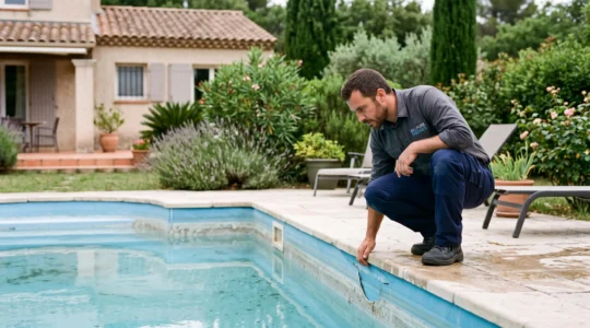 Technicien professionnel inspectant une piscine enterrée avec niveau d'eau abaissé dans un jardin résidentiel français.